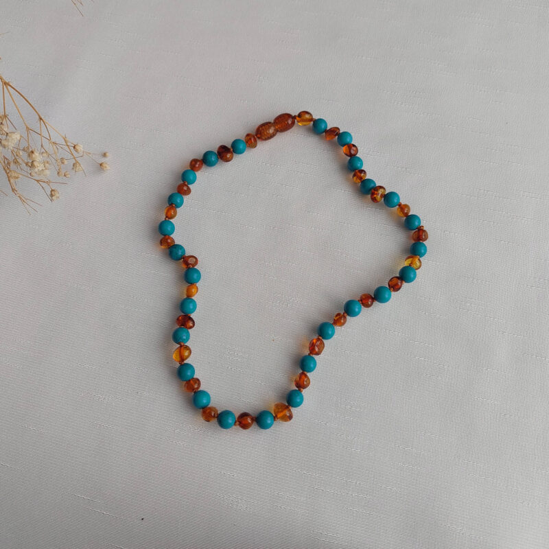 sikca sirali turkuaz tasli kahverengi parlak kehribar bebek kolye