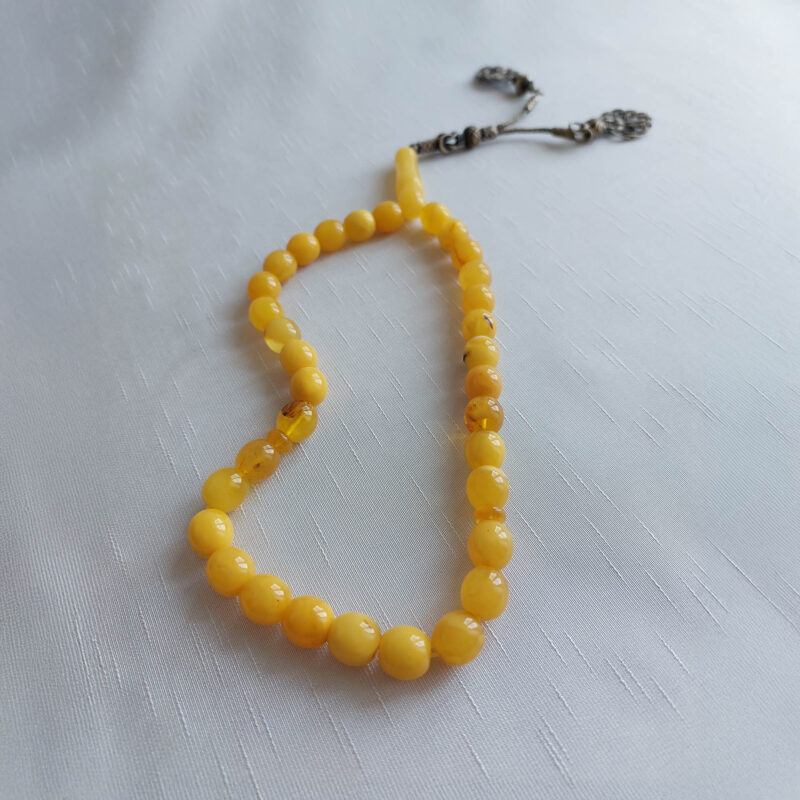 Gümüş Püskül Yuvarlık Kesim Sarı Parlak Kehribar Tesbih 2