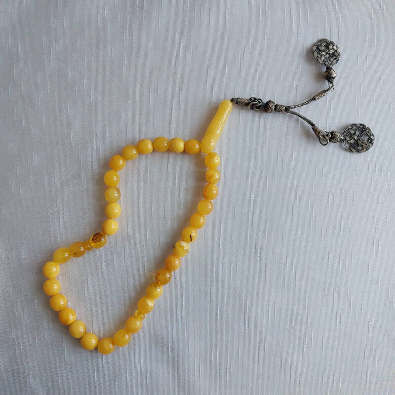 Gümüş Püskül Yuvarlık Kesim Sarı Parlak Kehribar Tesbih