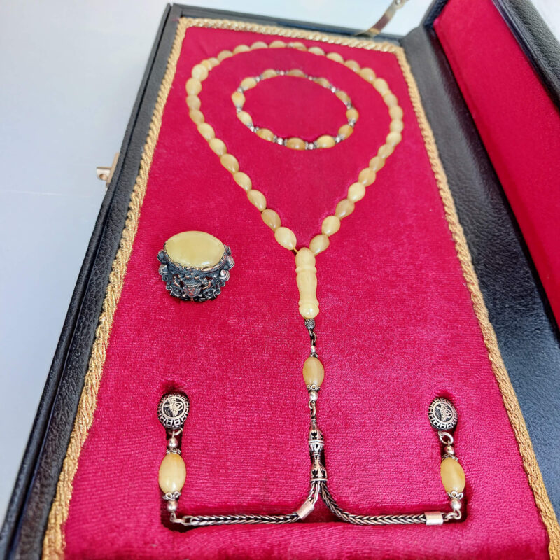 Gümüş Püsküllü Oval Kesim Sarı Parlak Kehribar Tesbih Bileklik ve Yüzük Seti 2