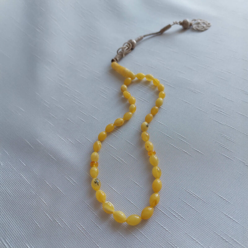 Oval Kesim Gümüş Püskül Sarı Parlak Kehribar Tesbih 2