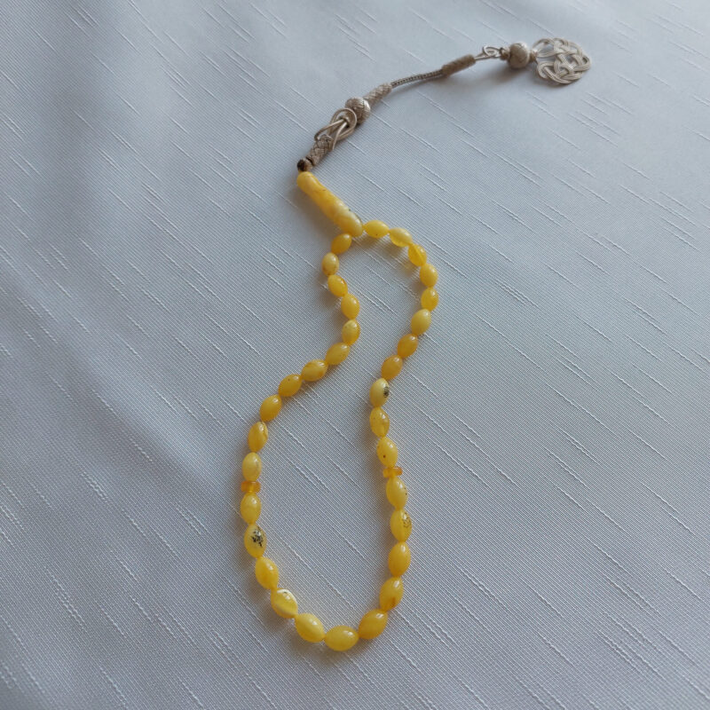 Oval Kesim Gümüş Püskül Sarı Parlak Kehribar Tesbih