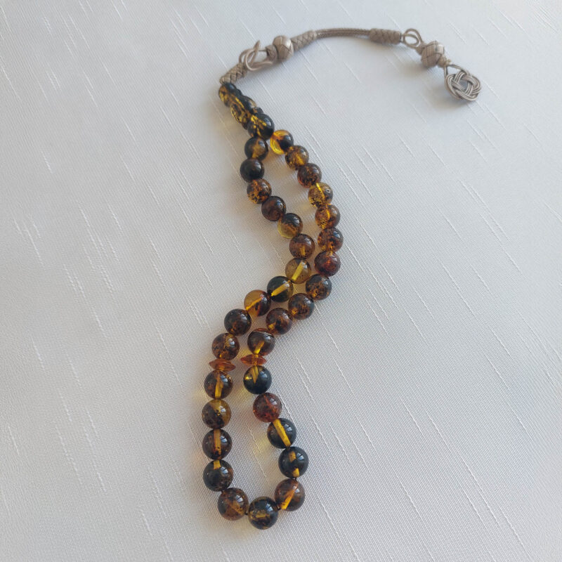 Yuvarlık Kesim Fosilli Koyu Yeşil Parlak Kehribar Tesbih 2