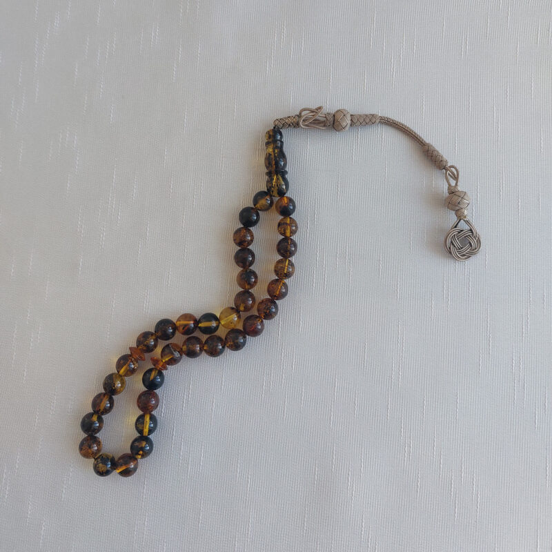 Yuvarlık Kesim Fosilli Koyu Yeşil Parlak Kehribar Tesbih